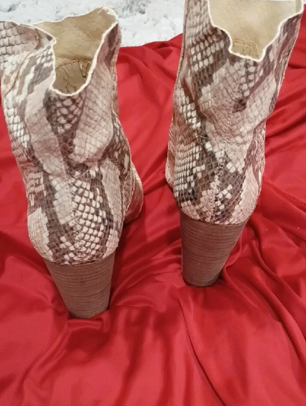 Vince Camuto Cream and Brown Snake-Print Pointed Ankle Booties